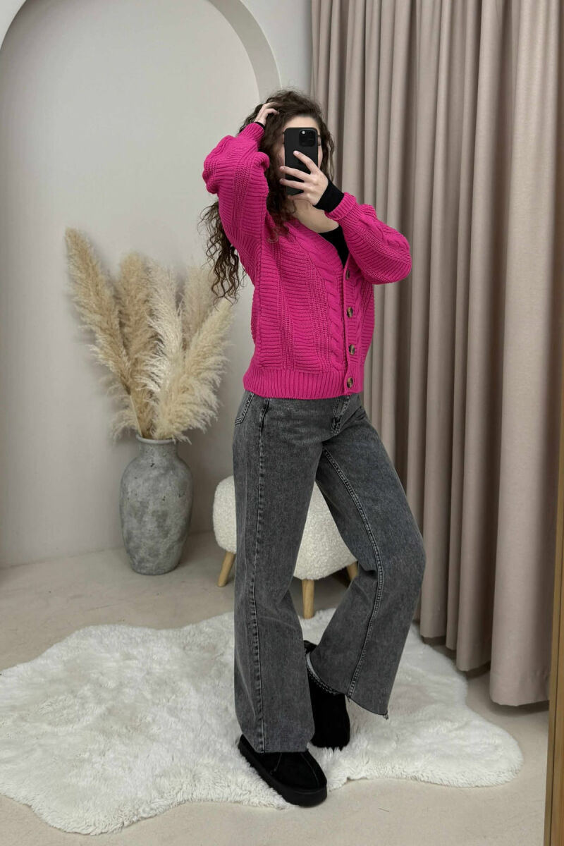 ONE COLOR SIMPLE KNITTED WOMEN CARDIGAN FUCHSIA/CIKLAMI - 2