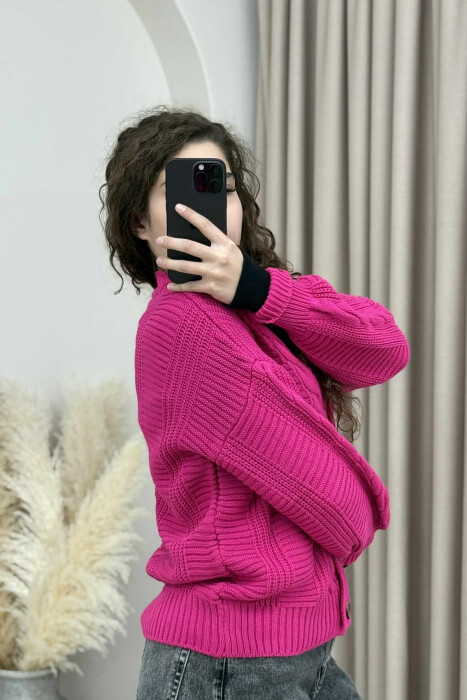 ONE COLOR SIMPLE KNITTED WOMEN CARDIGAN FUCHSIA/CIKLAMI - 4