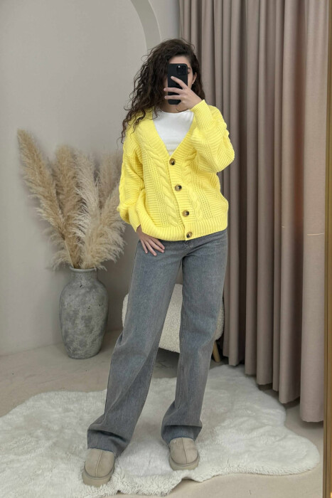 ONE COLOR SIMPLE KNITTED WOMEN CARDIGAN YELLOW/E VERDHE 
