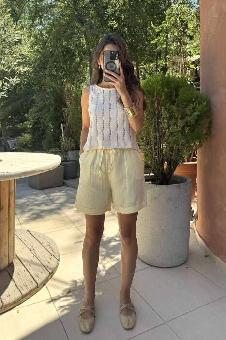 ONE COLOR SIMPLE KNITTED WOMEN TANK TOP CREAM/KREM - 1