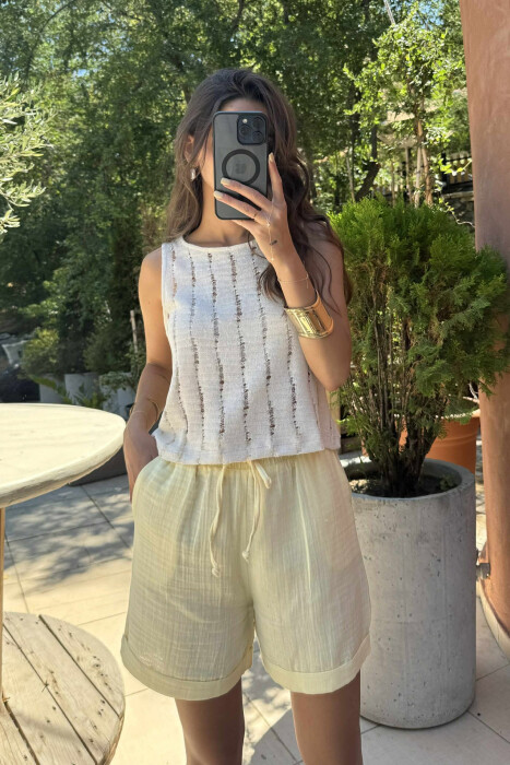 ONE COLOR SIMPLE KNITTED WOMEN TANK TOP CREAM/KREM - 4