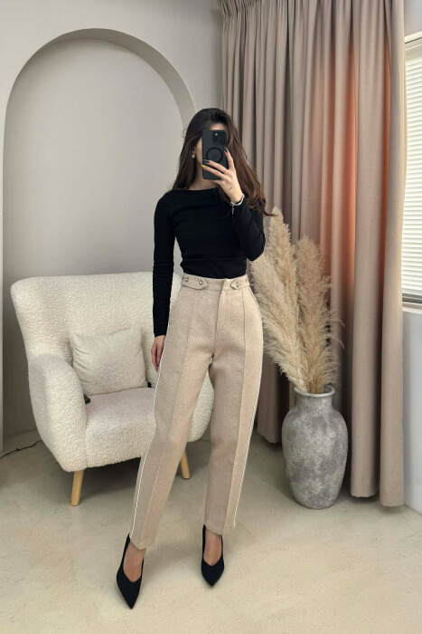 ONE COLOR SIMPLE KNITTED WOMEN TROUSERS BEIGE/BEZHE - 4