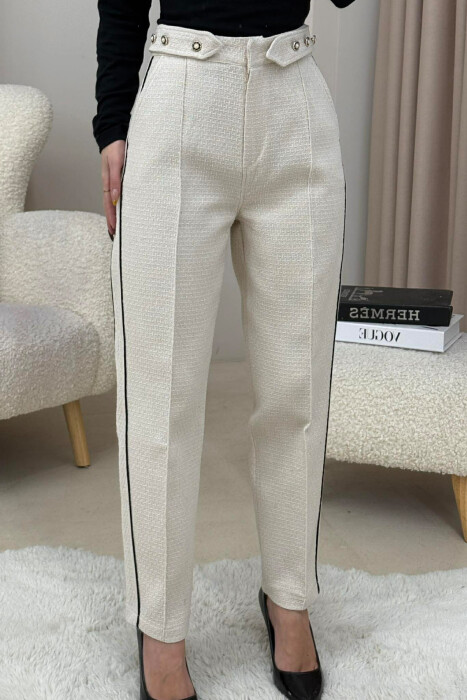 ONE COLOR SIMPLE KNITTED WOMEN TROUSERS CREAM/KREM 