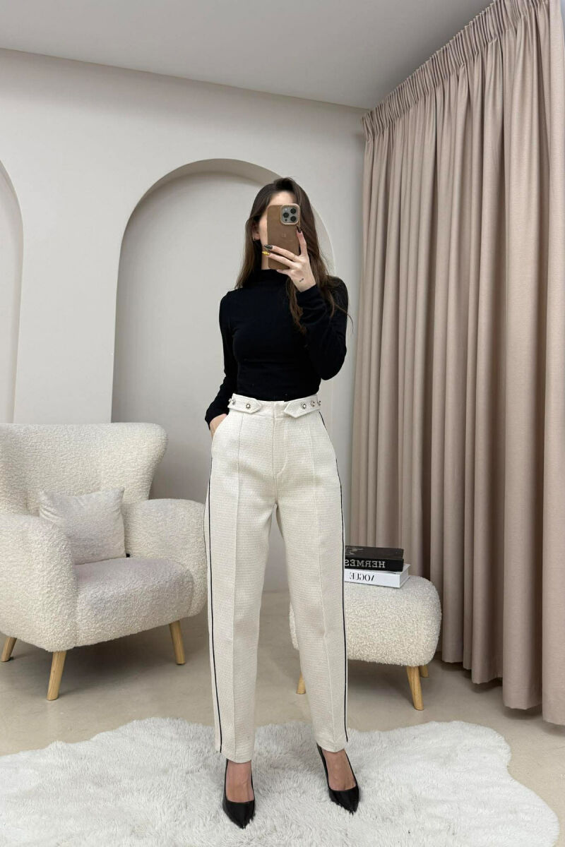 ONE COLOR SIMPLE KNITTED WOMEN TROUSERS CREAM/KREM - 2