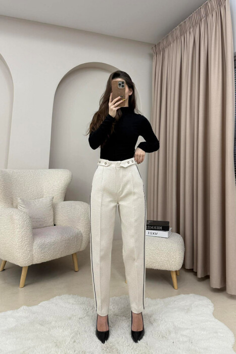 ONE COLOR SIMPLE KNITTED WOMEN TROUSERS CREAM/KREM - 5
