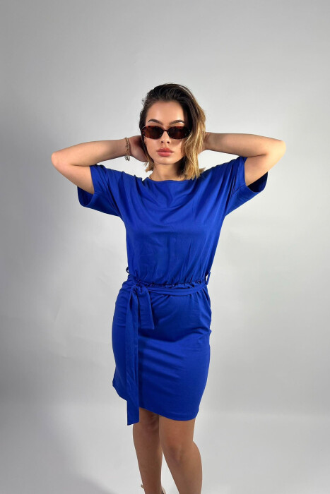 ONE COLOR SIMPLE LACING WOMEN DRESS BLUE/BLU - 5