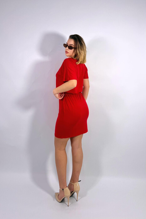 ONE COLOR SIMPLE LACING WOMEN DRESS RED/E KUQE - 3