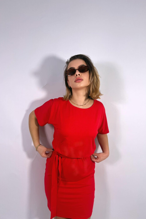 ONE COLOR SIMPLE LACING WOMEN DRESS RED/E KUQE - 5