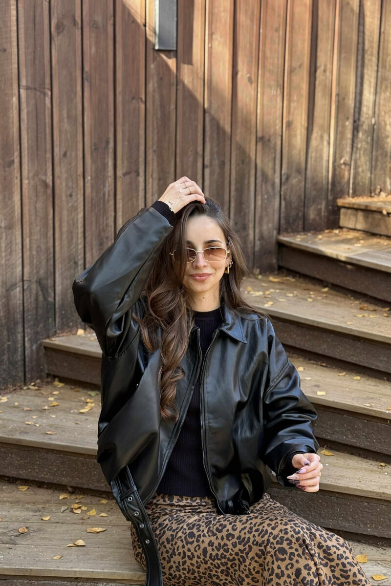 ONE COLOR SIMPLE LEATHER WOMEN JACKET BLACK/ E ZEZE - 3