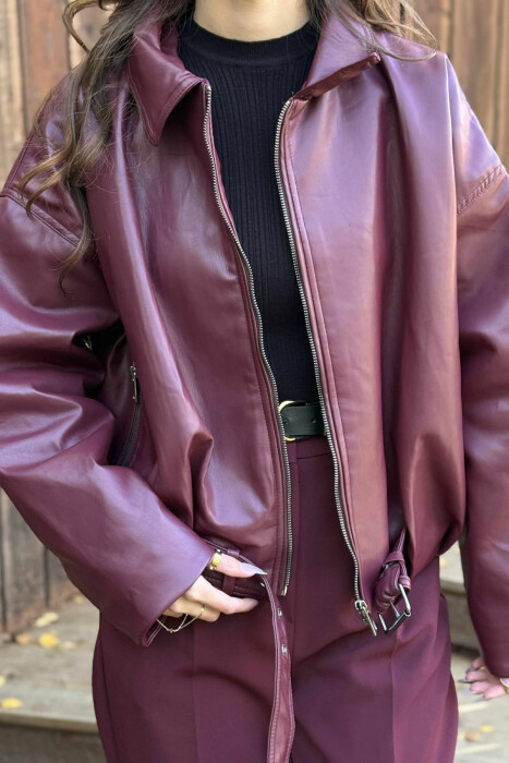 ONE COLOR SIMPLE LEATHER WOMEN JACKET BURGUNDY/VISHNJE 