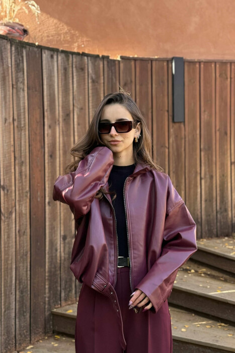 ONE COLOR SIMPLE LEATHER WOMEN JACKET BURGUNDY/VISHNJE - 3