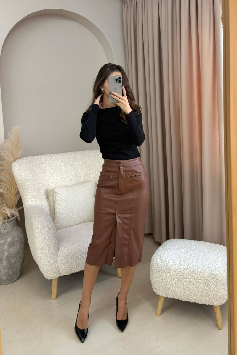 ONE COLOR SIMPLE LEATHER WOMEN SKIRT BROWN/KAFE - 2