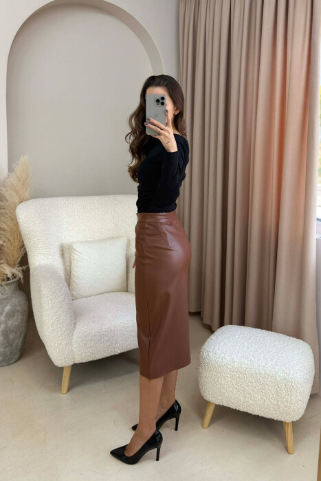 ONE COLOR SIMPLE LEATHER WOMEN SKIRT BROWN/KAFE - 3