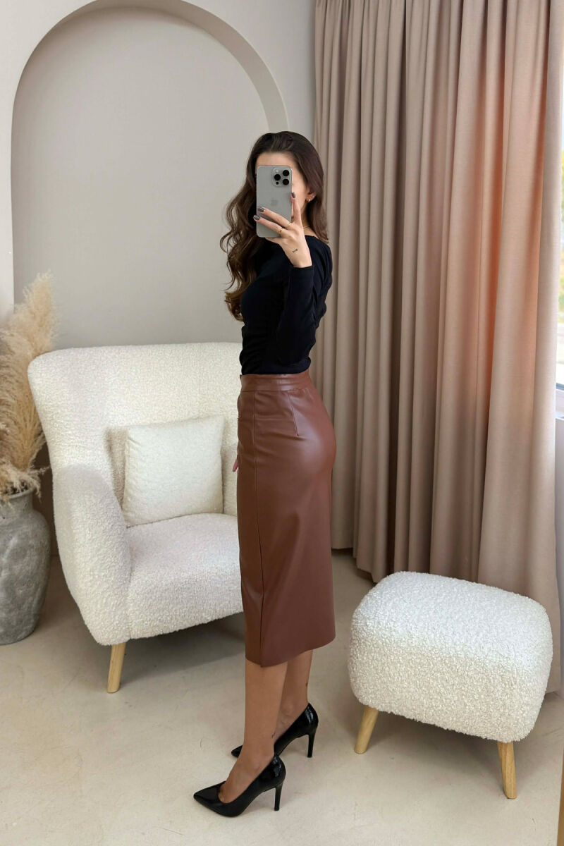 ONE COLOR SIMPLE LEATHER WOMEN SKIRT BROWN/KAFE - 3