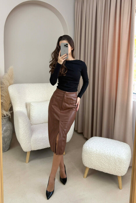 ONE COLOR SIMPLE LEATHER WOMEN SKIRT BROWN/KAFE - 4