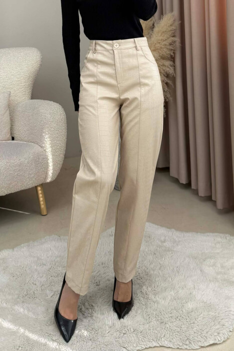 ONE COLOR SIMPLE LEATHER WOMEN TROUSERS CREAM/KREM 