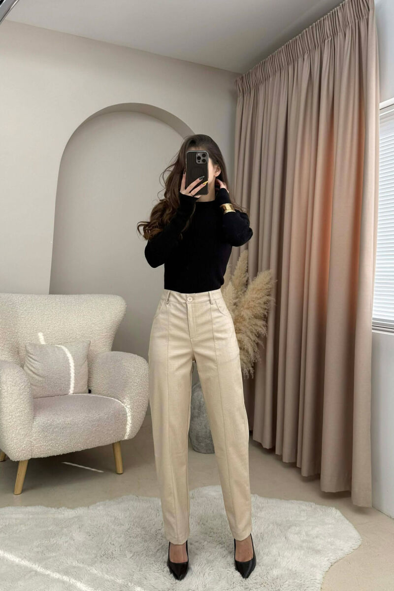 ONE COLOR SIMPLE LEATHER WOMEN TROUSERS CREAM/KREM - 2