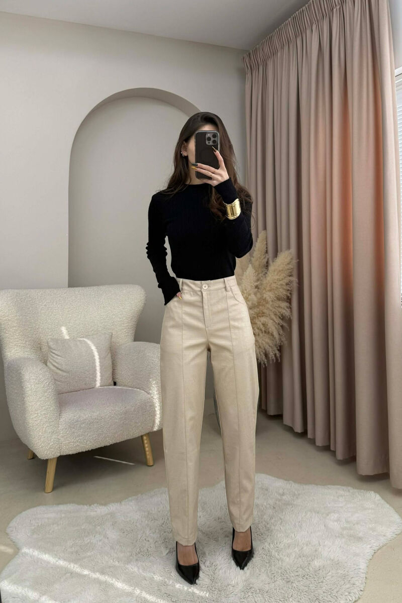 ONE COLOR SIMPLE LEATHER WOMEN TROUSERS CREAM/KREM - 3