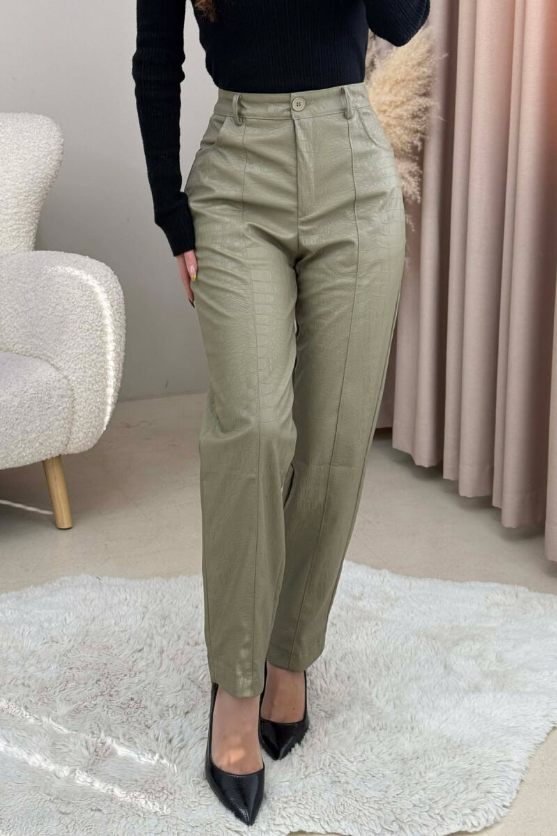 ONE COLOR SIMPLE LEATHER WOMEN TROUSERS OLIVE/ULLI - 1