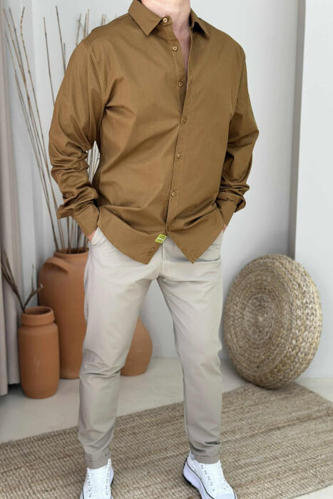 ONE COLOR SIMPLE MEN SHIRT BROWN/KAFE - KLAUDIO FASHION