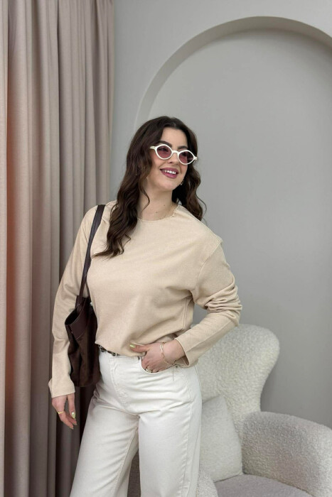 ONE COLOR SIMPLE WOMEN SWEATSHIRT BEIGE/BEZHE - 5