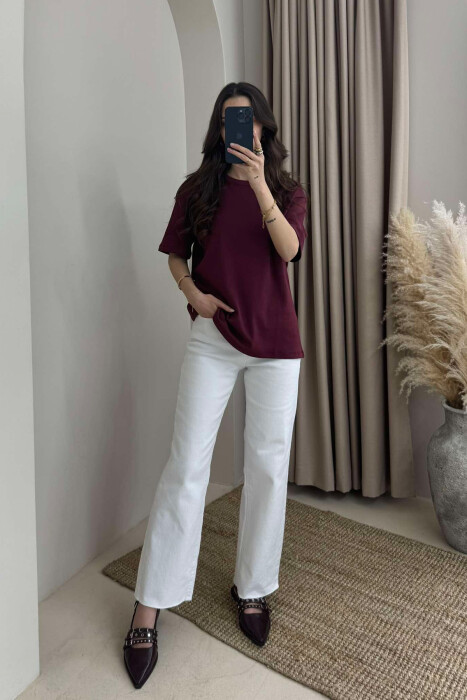 ONE COLOR SIMPLE ROUND NECK WOMEN T-SHIRT BURGUNDY/VISHNJE - 2