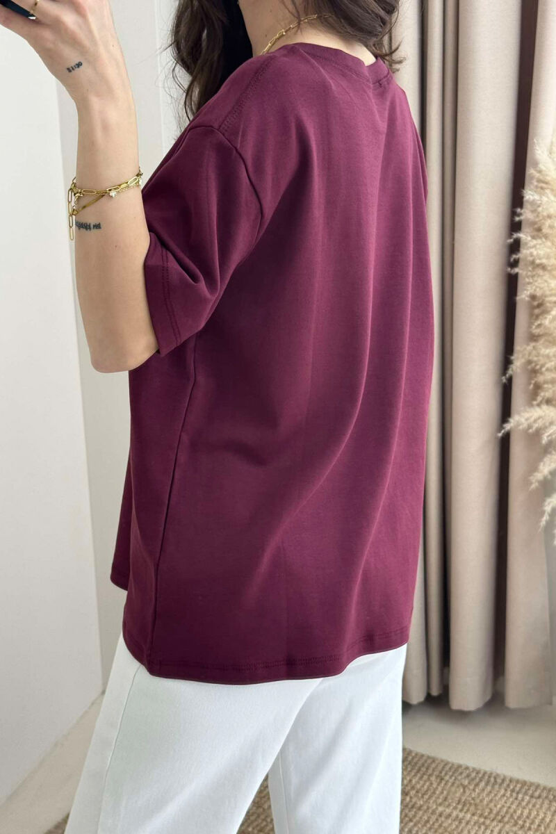 ONE COLOR SIMPLE ROUND NECK WOMEN T-SHIRT BURGUNDY/VISHNJE - 4