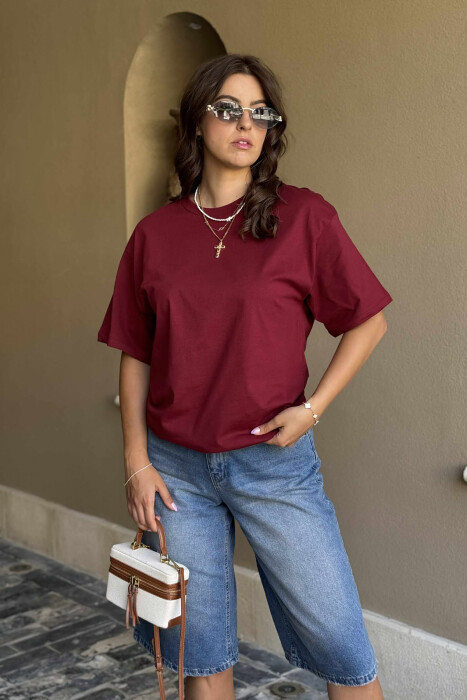 ONE COLOR SIMPLE ROUND NECK WOMEN T-SHIRT BURGUNDY/VISHNJE - KLAUDIO FASHION