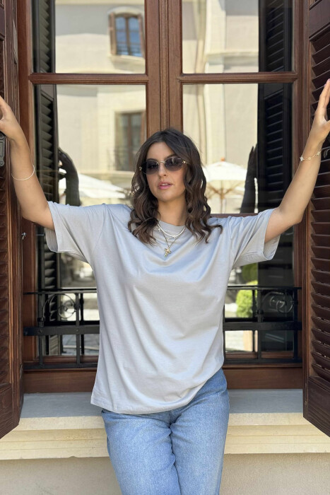 ONE COLOR SIMPLE ROUND NECK WOMEN T-SHIRT GREY/GRI - 1