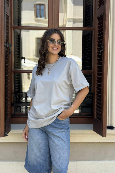 ONE COLOR SIMPLE ROUND NECK WOMEN T-SHIRT GREY/GRI - 3