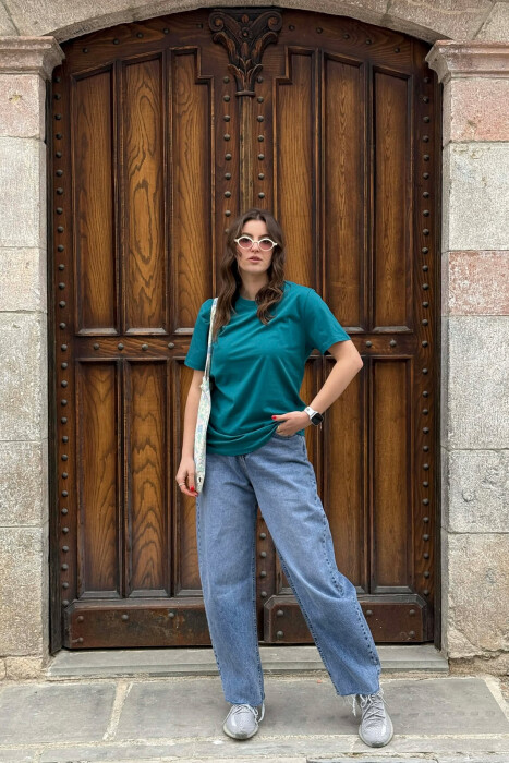 ONE COLOR SIMPLE ROUND NECK WOMEN T-SHIRT + 6 PAIR SOCKS BLUE STONE/GK - 3