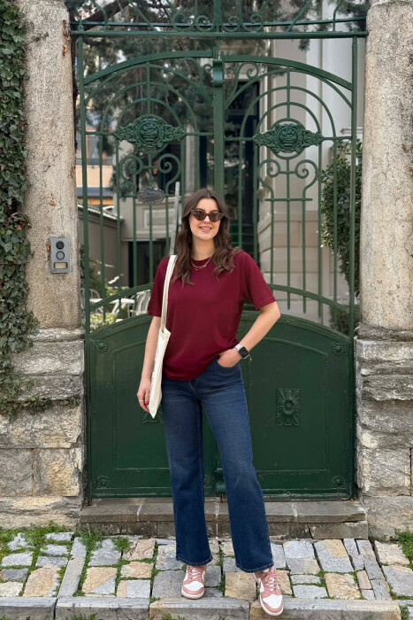 ONE COLOR SIMPLE ROUND NECK WOMEN T-SHIRT + 6 PAIR SOCKS BURGUNDY/VISHNJE - 3