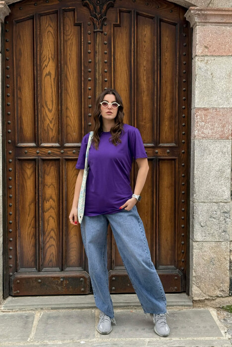 ONE COLOR SIMPLE ROUND NECK WOMEN T-SHIRT + 6 PAIR SOCKS DARK PURPLE/LEJLA ERRET - 1