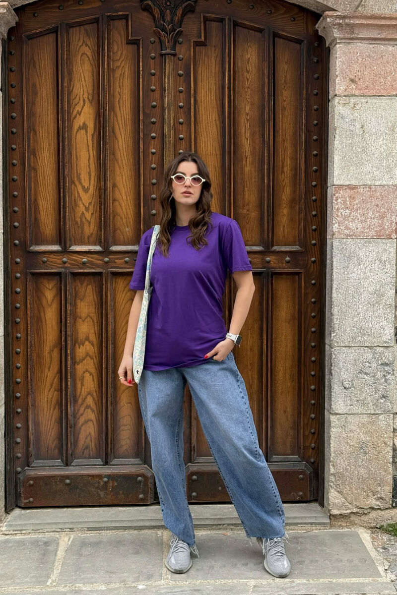 ONE COLOR SIMPLE ROUND NECK WOMEN T-SHIRT + 6 PAIR SOCKS DARK PURPLE/LEJLA ERRET - 1