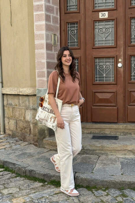 ONE COLOR SIMPLE ROUND NECK WOMEN T-SHIRT + 6 PAIR SOCKS LIGHT BROWN/KAZB - 2