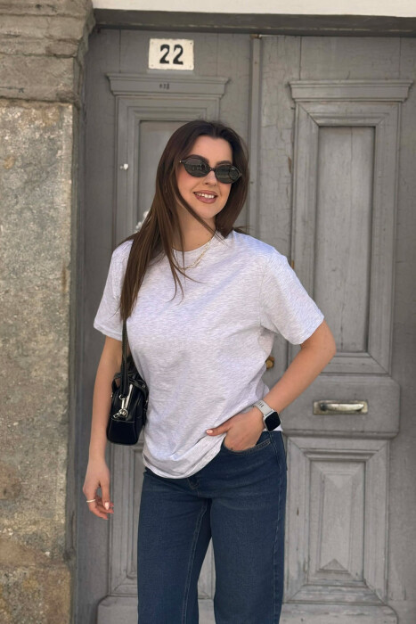 ONE COLOR SIMPLE ROUND NECK WOMEN T-SHIRT + 6 PAIR SOCKS LIGHT GREY/GZ - 1