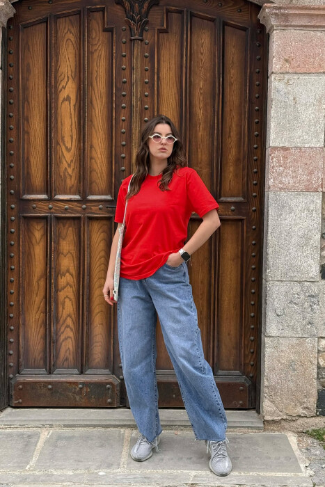 ONE COLOR SIMPLE ROUND NECK WOMEN T-SHIRT + 6 PAIR SOCKS RED/E KUQE - 3