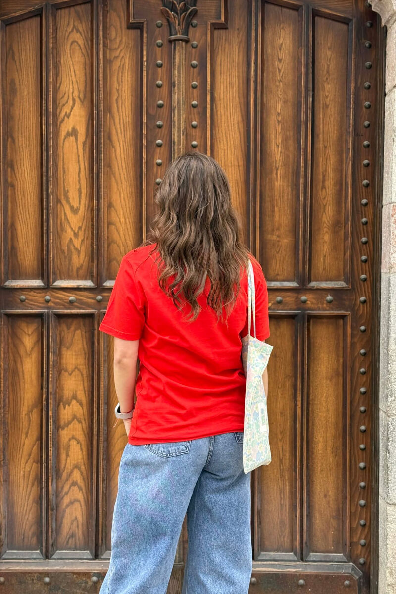 ONE COLOR SIMPLE ROUND NECK WOMEN T-SHIRT + 6 PAIR SOCKS RED/E KUQE - 5