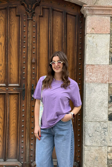 ONE COLOR SIMPLE ROUND NECK WOMEN T-SHIRT + 6 PAIR SOCKS PURPLE/LEJLA - 1