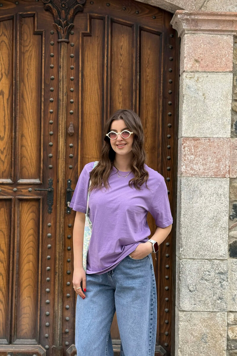 ONE COLOR SIMPLE ROUND NECK WOMEN T-SHIRT + 6 PAIR SOCKS PURPLE/LEJLA - 1