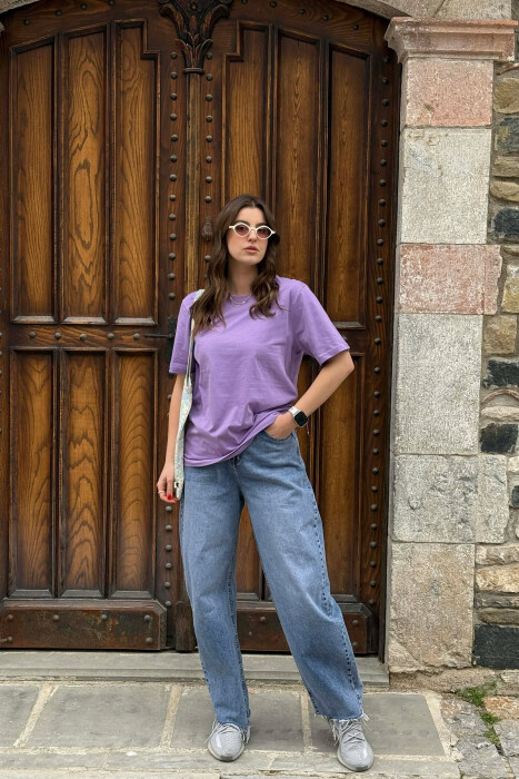 ONE COLOR SIMPLE ROUND NECK WOMEN T-SHIRT + 6 PAIR SOCKS PURPLE/LEJLA - 3