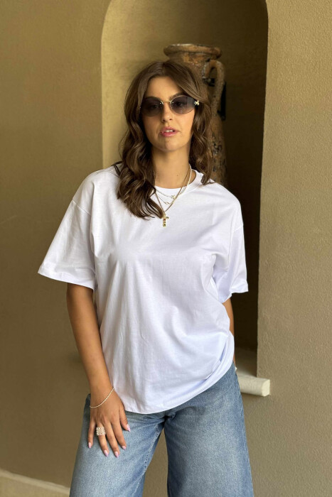 ONE COLOR SIMPLE ROUND NECK WOMEN T-SHIRT WHITE-E BARDHE - 1