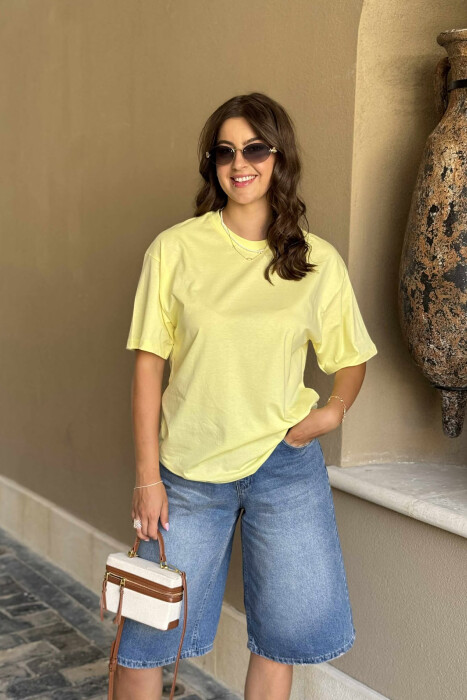 ONE COLOR SIMPLE ROUND NECK WOMEN T-SHIRT YELLOW/E VERDHE 
