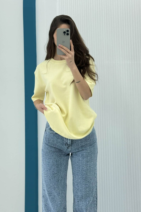ONE COLOR SIMPLE ROUND NECK WOMEN T-SHIRT YELLOW/E VERDHE - 1