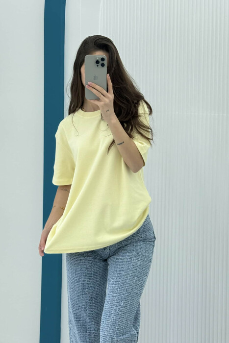 ONE COLOR SIMPLE ROUND NECK WOMEN T-SHIRT YELLOW/E VERDHE - 2