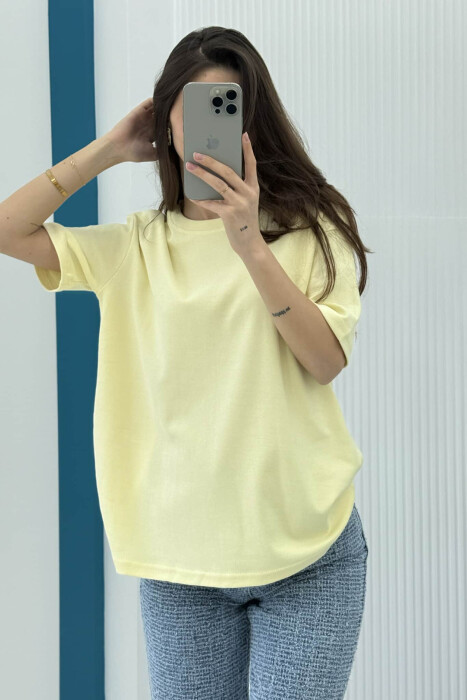 ONE COLOR SIMPLE ROUND NECK WOMEN T-SHIRT YELLOW/E VERDHE - 3
