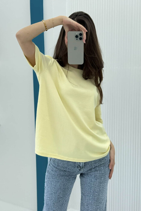 ONE COLOR SIMPLE ROUND NECK WOMEN T-SHIRT YELLOW/E VERDHE - 4