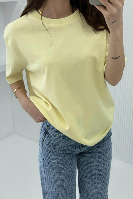 ONE COLOR SIMPLE ROUND NECK WOMEN T-SHIRT YELLOW/E VERDHE - 5