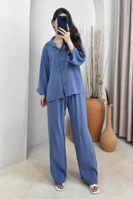 ONE COLOR SIMPLE SHIRT+TROUSERS WOMEN SET BLUE/BLU 