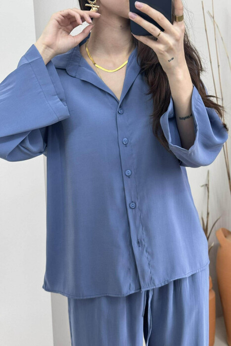 ONE COLOR SIMPLE SHIRT+TROUSERS WOMEN SET BLUE/BLU - 4